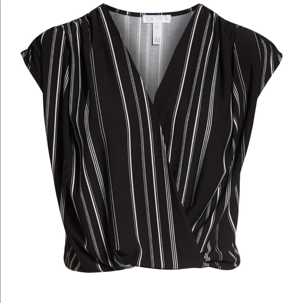 Black striped wrap surplice v neck sleeveless top